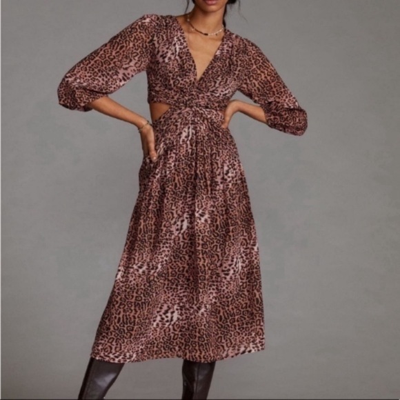 Ranna Gill Anthropologie Leopard Print Cut Out Midi Dress, Size XS, EUC - Picture 1 of 16
